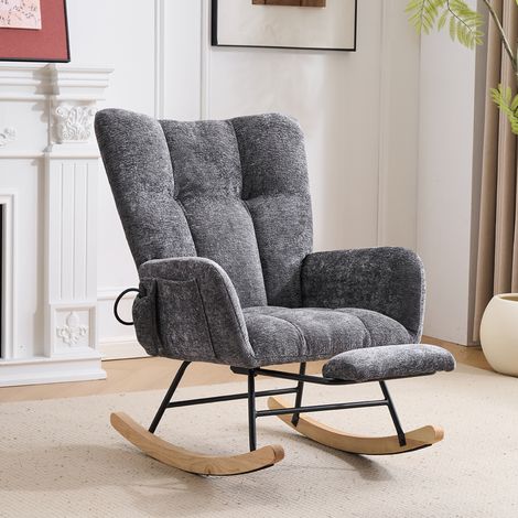 Sillón mecedor para dormitorio y salón, respaldo alto, almacenamiento lateral, reposapiés, chenilla - gris oscuro