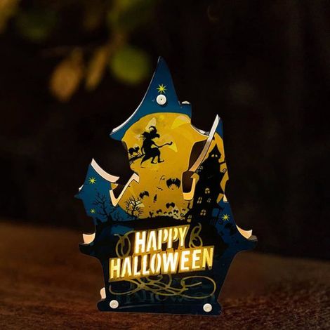 Veilleuse Halloween - Décoration Lumineuse LED en Panneau de Fibre - Pour Intérieur Maison et Fête - 6 Modèles Dont Château Jaune - 1 Pièce (1/5)
