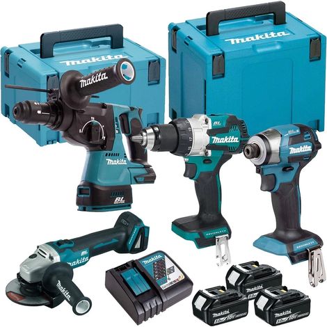 Makita – Pack de 4 outils électroportatifs 18V – Moteurs brushless – 3 batteries 5,0 Ah – Coffret Makpac pour transport sécurisé