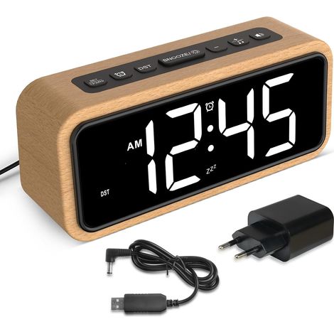 Réveil fort pour dormir profond, Réveil Rétro en Bois avec Affichage LED, 12 Sonneries d'Alarme, 5 Niveaux de Luminosité & 5 Volumes Réglables, DST Manuel, Idéal pour Chambre à Coucher (Hêtre Blanc) (1/5)