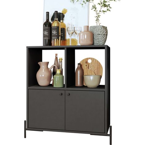 Beaux Meubles Pas Chers – Buffet armoire 2 portes 4 niches noir sur pieds métalliques ronds – Dimensions L 74.5 H 79 P 35 cm – Structure en panneaux de particules mélaminés (1/5)