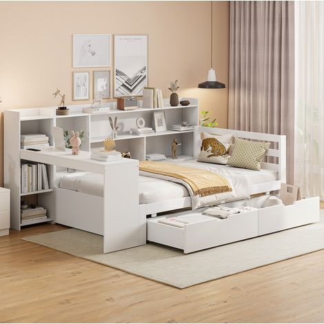 Lit banquette en bois massif blanc 90x200 cm avec bureau, étagères, 2 tiroirs et prise USB (1/5)