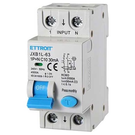 Interruttore magnetotermico differenziale 1P+N, 2 moduli, 220Vac, 10A, 30mA, 4,5KA - Ettroit JXB1L-63-2P-10A-4.5KA (1/4)