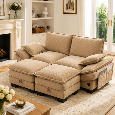 Modulares 2-Sitzer Cordsofa mit Hocker und Stauraum, ergonomische Couch mit USB-C Anschluss & Seitentaschen, 190x132x84 cm, Khaki (1/5)