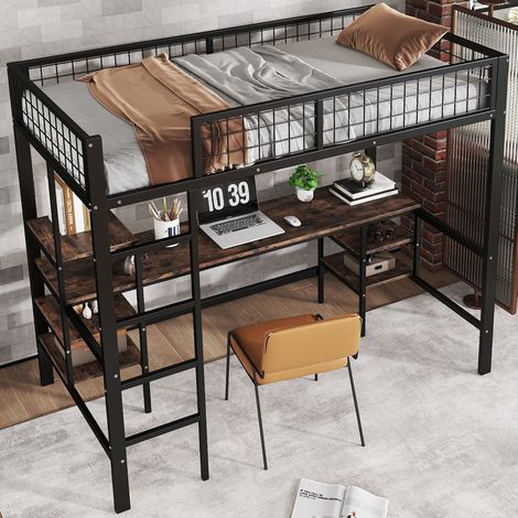 Hochbett 90x200 mit Schreibtisch und Regalen, 4-stufige Leiter, Schwarz OKMYHOME (1/5)