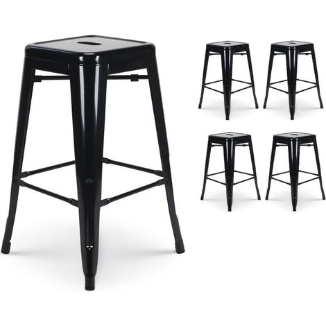 Lot de 4 tabourets de Bar en métal Noir Brillant, Hauteur 66 cm (1/5)