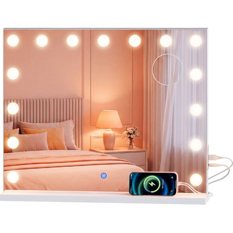 WOLTU Miroir Coiffeuse Rectangulaire, 15 Ampoules LED Réglables, 58x48 cm, Miroir de Maquillage avec Loupe Grossissant 5X, Port USB et Type-C, Blanc (1/5)