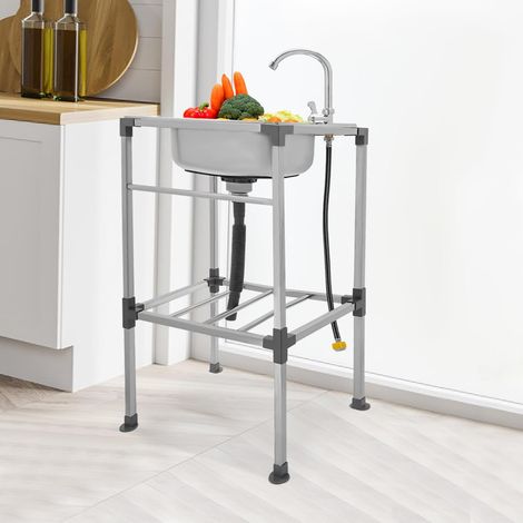 Lavabo en acier inoxydable pour l'extérieur, mobile autoportant, montage rapide, bol unique, évier de cuisine commercial, avec robinet, 48 x 35 x 83 cm (1/5)