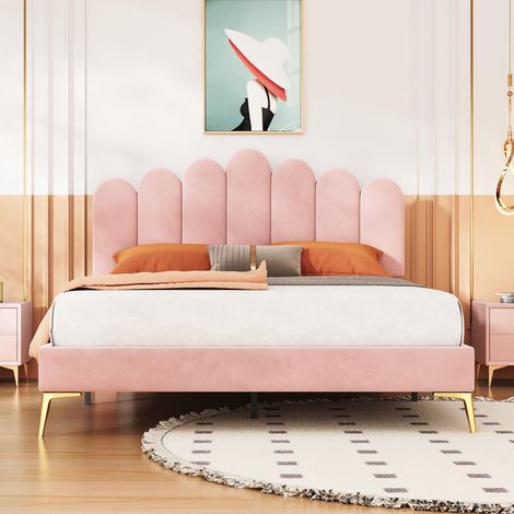 Lit double capitonné 140x200cm, cadre de lit avec tête de lit et sommier à lattes, lit adulte/jeune/invité en velours doux pour la peau, rose, garantie 2 ans