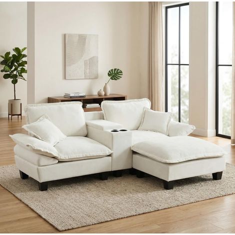 Sofá modular en L 224x151x90 cm beige en chenilla con USB, almacenaje, portabebidas y otomana (1/5)