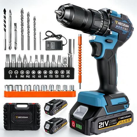 Visseuse sans fil, perceuse-visseuse sans fil avec batterie de 2000 mAh, 35 + 3 niveaux de couple, max 58 N.M, 2 vitesses, lumière LED, kit d'accessoires pour maison, jardin, projet de bricolage (bleu (1/5)