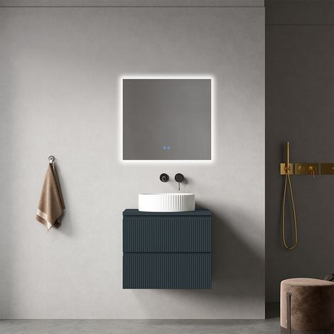 Mobile bagno sospeso cannettato 60 cm Blu Mare per Lavabo d'appoggio Specchio Quadro Retroilluminato - Fiji Paint Top Canneté