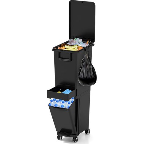 COSTWAY Poubelle Cuisine 32 L en Plastique, Poubelle Tri Selectif 2 Bac avec Tiroir, 2 Seaux Amovible, Poubelle Pédale Étroite 26 cm, Fermeture à Pression, Roues avec Frein (Noir) (1/5)