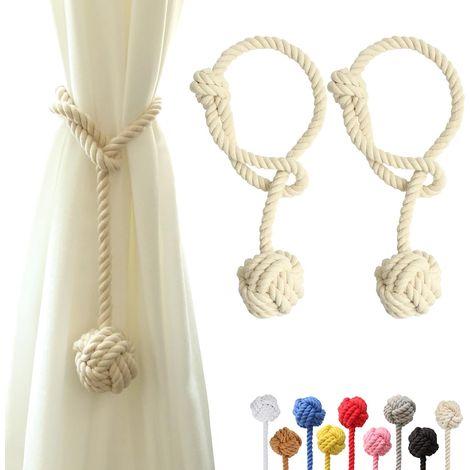 Lot de 2 embrasses de Rideaux avec Grande Boule tissée en Coton tissé à la Main pour l'extérieur (Beige,2) (1/5)