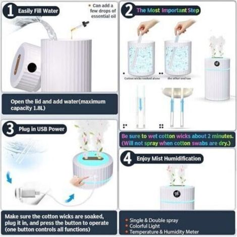 VURAHOME - Humidificateur d'Air, 2L Humidificateur Ultrasonique Silencieux avec Thermo-Hygromètre, Duple Buse 36 Heures Temps de Fonctionnement, Arrêt Automatique, 7 LED, pour Maison Chambre Bureau,de