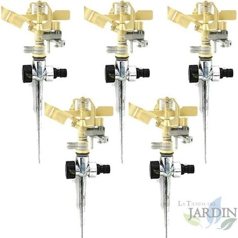 Set di 5 Irrigatore regolabile in ottone 10-15 m. Filettatura 1/2''. Include supporto per irrigatori metallici