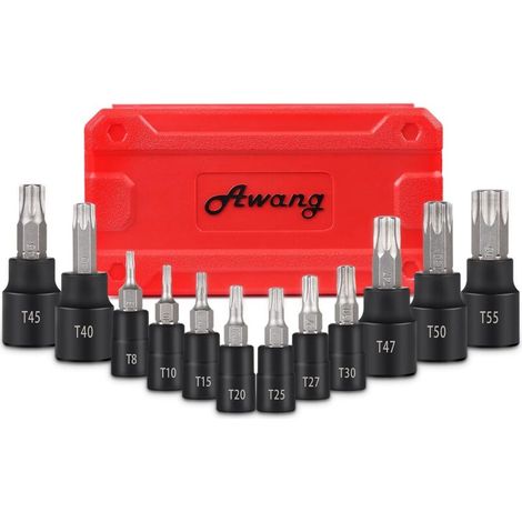 13PCS Douille Torx Mâles T8 à T60, Jeu de douilles embouts étoilé, Coffret Embout 1/4" 3/8" 1/2" drive en Acier S2 - T60 (1/5)