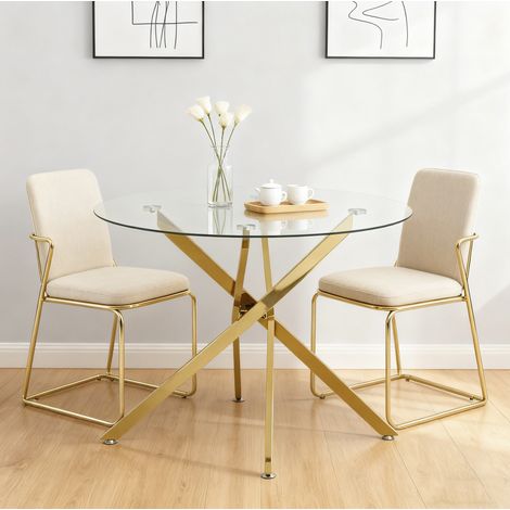 Table à manger ronde 80/80/76 cm en verre trempé avec pieds dorés (1/5)