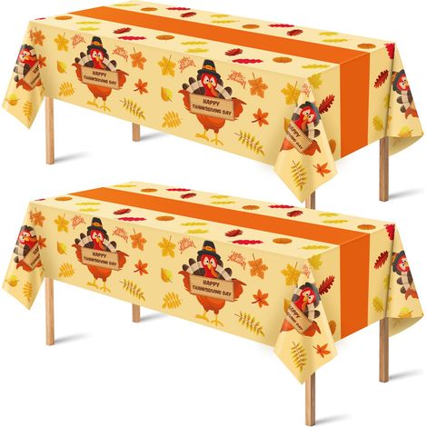 Cinq nappes en plastique jetables à motif de dinde et de feuilles d'érable, 137 x 274 cm, décorations pour une fête sur le thème de Thanksgiving. (1/5)