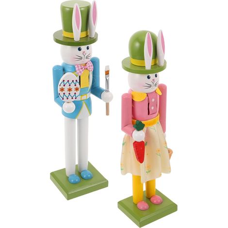 Lot de 2 Figurines Casse-Noisette en Bois de Lapin de Pâques, Décoration de Table Printanière, Statuettes Décoratives Rose et Bleu Clair pour Maison et Centre de Table (1/5)
