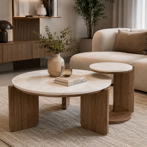 Lot de 2 tables basses rondes marbre et bois Passol (1/5)