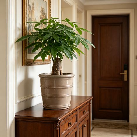 Pot céramique artisanal Ø32 cm, taupe brillant, rainures horizontales, respirant, antigel, drainage, pour plantes moyennes, balcon urbain et herbes. (1/5)