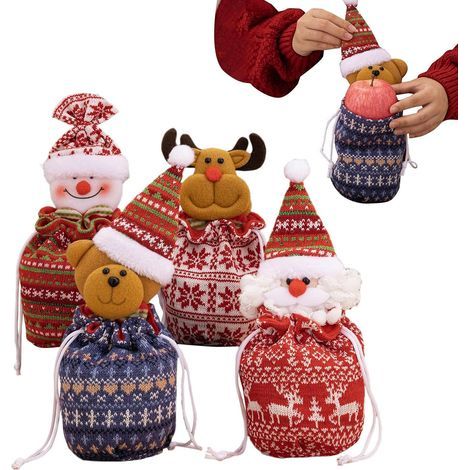 Sacs À Bonbons De Noël 4 Pièces Pochettes Père Noël Bonhomme De Neige Renne Sacs en Tissu pour Emballage Cadeau Pour Collègues Voisins (1/5)