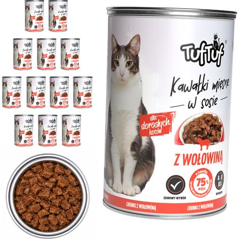 Cibo umido per gatti TufTuf al gusto manzo, lattina da 12 x 415 g, bocconcini in salsa. (1/3)