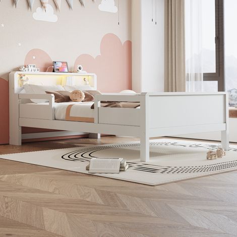 Cama infantil 90 x 200 cm con LED, USB Type-C y almacenaje en cabecero, blanco OKMYHOME (1/5)