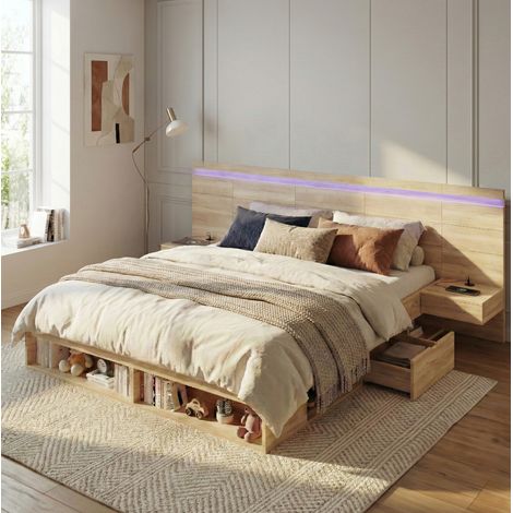 letto contenitore 180x200 con comodini LED USB naturale OKMYHOME (1/5)
