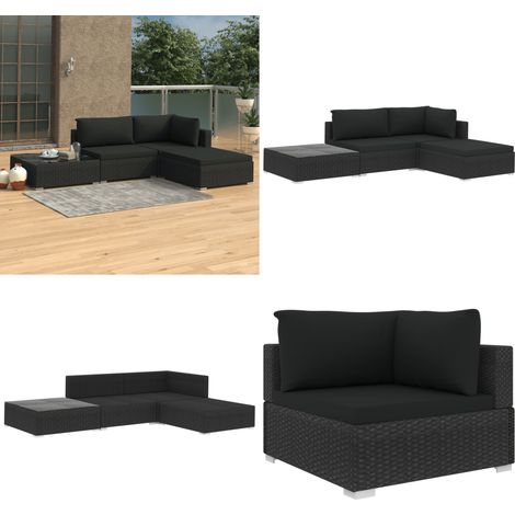 Salon de jardin 4 pcs avec coussins Résine tressée Noir - Canapé en rotin - Mobilier de jardin