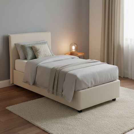 Talamo Italia Letto singolo Brunella, Letto contenitore con rivestimento in tessuto, 100% Made in Italy, Apertura frontale, con materasso Cm 80x190 incluso, Beige, con imballo rinforzato (1/5)