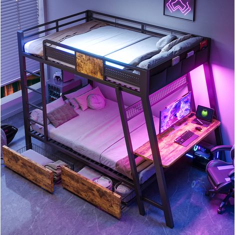 Etagenbett 90/200 cm Schwarz aus Metall mit Gaming-Schreibtisch, LED und USB (1/5)