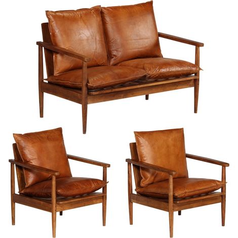 Set Divani 3 pz in vera Pelle e Legno Massello Acacia Marrone vidaXL (1/5)