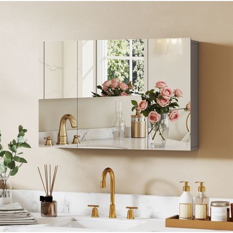 Armario espejo de baño 90x15x60 cm gris en madera MDF con 3 puertas y estantes ajustables (1/5)