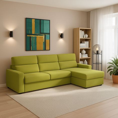 Sofá Fijo con Chaise Longue Vigonovo, Desenfundable, Reversible Made in Italy, Hidrófugo Multiposición, 280x160 cm Verde (1/5)