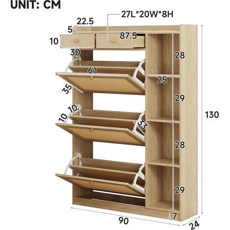 Scarpiera stretta in rattan con 3 scomparti a ribalta, ripiani regolabili, 2 cassetti e ripiani laterali a giorno, 90×24×130 cm (1/5)