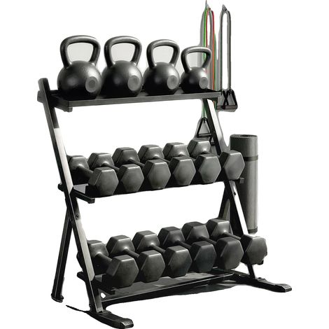 Soporte para mancuernas, diseño de 3 niveles, construcción de acero, negro. (1/5)