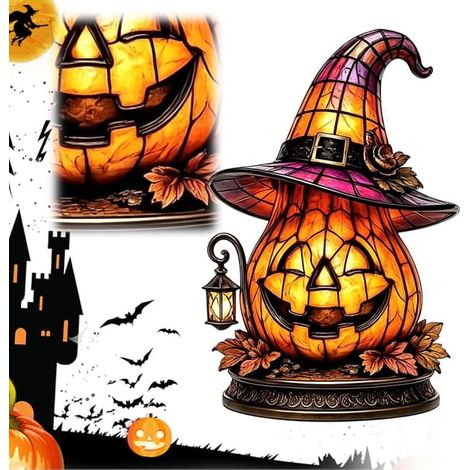 Lampe gothique d'Halloween avec chapeau de sorcière, lampe de table décorative style vintage, veilleuse LED pour chambre, étagère et table citrouille (1/5)