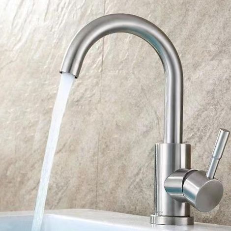 Mitigeur de lavabo 360° rotatif, robinet à bec haut, mélangeur pour salle de bain ou petite cuisine, acier inoxydable (1/4)