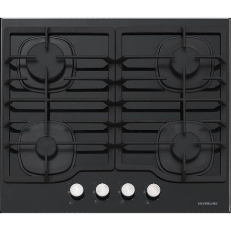 Silverline CS5404B01 Piano cottura a gas 60 cm 4 fuochi griglie in ghisa accensione sottomanopola colore Nero