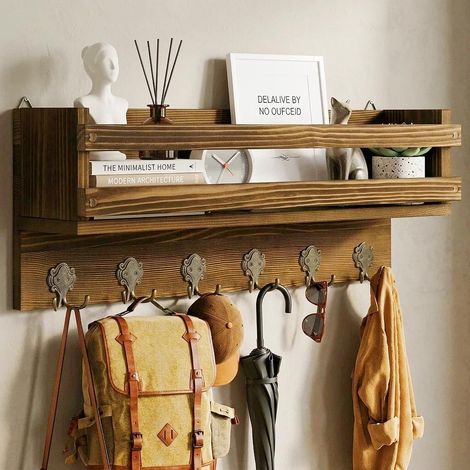 Porte-Manteau Mural en Bois, Étagère, 6 Crochets, 58 cm, Rustique (1/5)