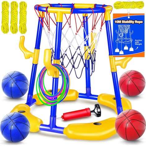 Basketball Hoop Set for Swimming PoolFloating Basketball Hoop for Pool with 4 Water Balls, Pump and Rings, 2-in-1 Pool Toy for Adults, Teens and Kids (1/5)