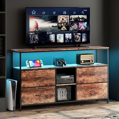 Meuble TV avec LED,Armoire TV de salon avec 4 tiroirs, tiroirs en tissu et structure en métal,137 x 29.8 x 78 cm,marron (1/5)