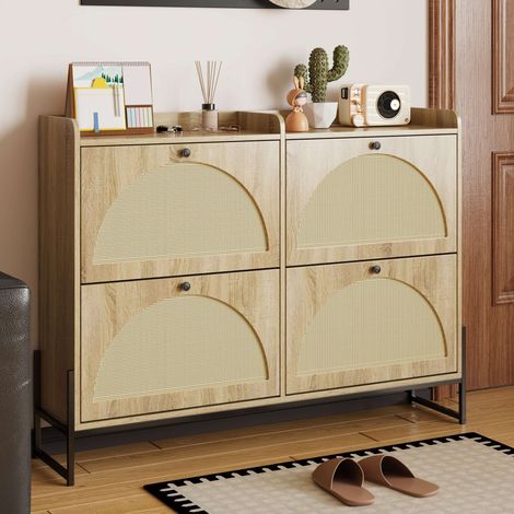 URBAN MEUBLE Meuble à chaussures étroit 4 abattants, bois naturel, 118x25x91.5cm (1/5)