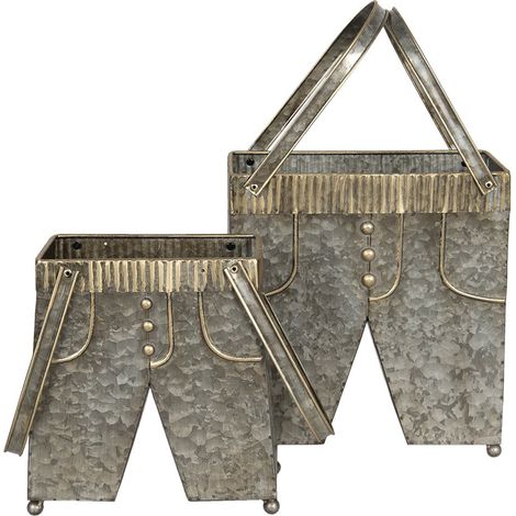 Lot de 2 Porte-Plantes en Fer Gris Forme Pantalon à Bretelles 28x15x50 cm et 23x12x43 cm - PANGIVO (1/4)