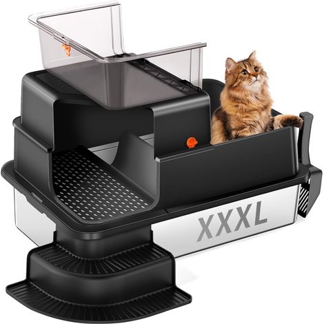 Stainless Steel Cat Litter, High Metal Litter Tray with Filtered Driveway, Walking, Shovel, Non-Sticky, Odourless, Easy to Clean (Black) (1/5)