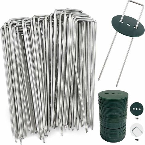 Nazalus-Hot Sale-40 Gartenpfähle mit Unterlegscheiben, Befestigungspfähle aus verzinktem Stahl für Planen, Mulchtuch-Befestigungsklammern – 150 mm lang, 25 mm breit, 2,8 mm Durchmesser