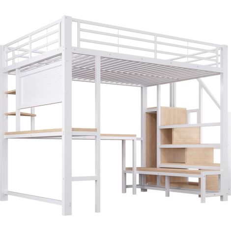 Cama alta 140 x 200 cm con escritorio, estantes, panel, USB/USB-C y LED, blanca (1/5)