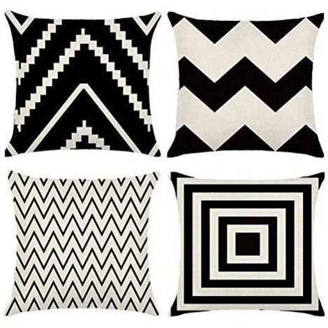 4 Pcs Housses de Coussin 45 x 45 cm, Carré Décoratif Taie d'oreiller Canapé Housse Coussin Noir et Blanc Imprimé Motif Lin Décoratio (1/5)